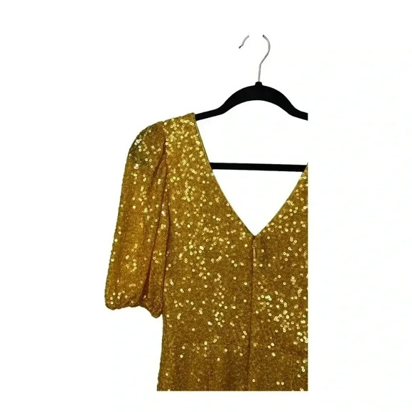 DRESS THE POPULATION POSSIBLE SAMPLE DRESS MINI LENGTH GOLD SEQUINS SHORT SLEEVE - Picture 8 of 9